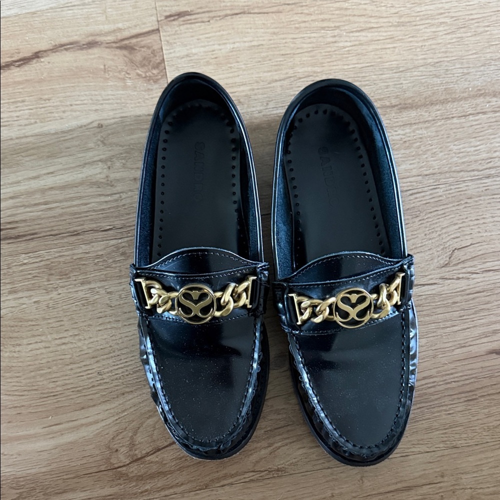 Sandro Black Loafers with Gold Chain Detail